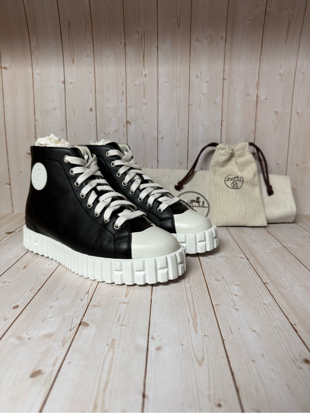 Hermes Climb High-Top Leather Sneakers Black Sz 37 / 7